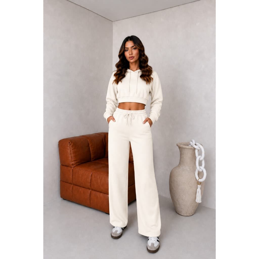Conjunto Moletom Feminino Confortável Cropped Capuz Calça Pantalona
