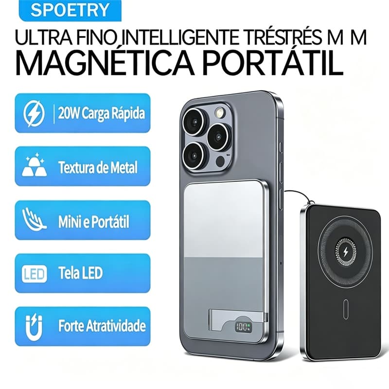 Carregador Portátil Magnético 10000mAh 3C 22.5W Recarga Rápida para Celular e Smartwatch