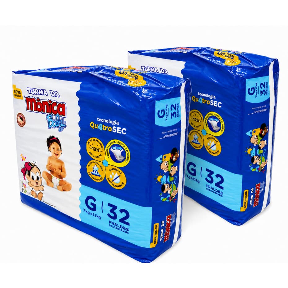 Kit com  Pacotes Fralda Descartavel Turma da Mônica Baby QuatroSec G - 32 Fraldas por Pacote - 7Kg a 11Kg
