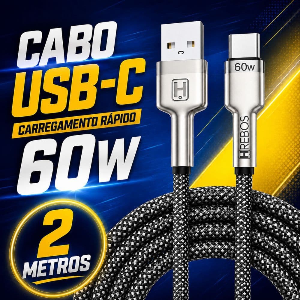 Cabo Carregador Turbo  USB-C 2 Metros 60w Rápido Carregamento Dados Para Celular Smartphone Tablet