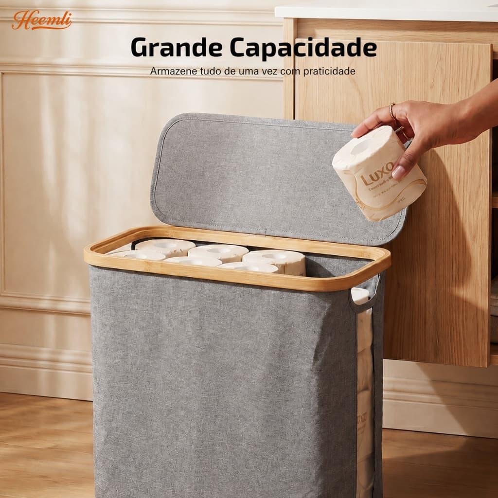 Heemli Cesto De Papel Higiênico Bambu Com Tampa Organizador Multiuso Para Banheiro