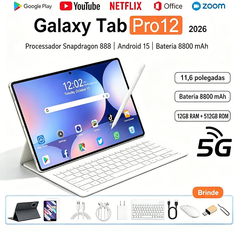 Tablet Galaxy Pro12 | 12GB RAM 512GB | Android 15 | Tela 11.6" HD | 5G | Com Teclado e Mouse Grátis