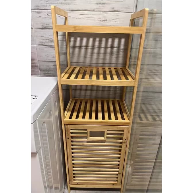 Estante De Banheiro Madeira Bambu Natural Com Cesto De Tecido E Prateleiras Organizadora De ToalhasEstante De Banheiro
