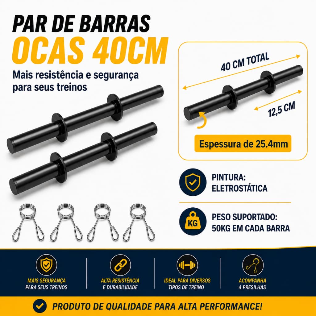 Par Barra Oca 40cm Presilhas Academia Musculação Haltere Treino em Casa Fitness Anilha Supino 25.4mm