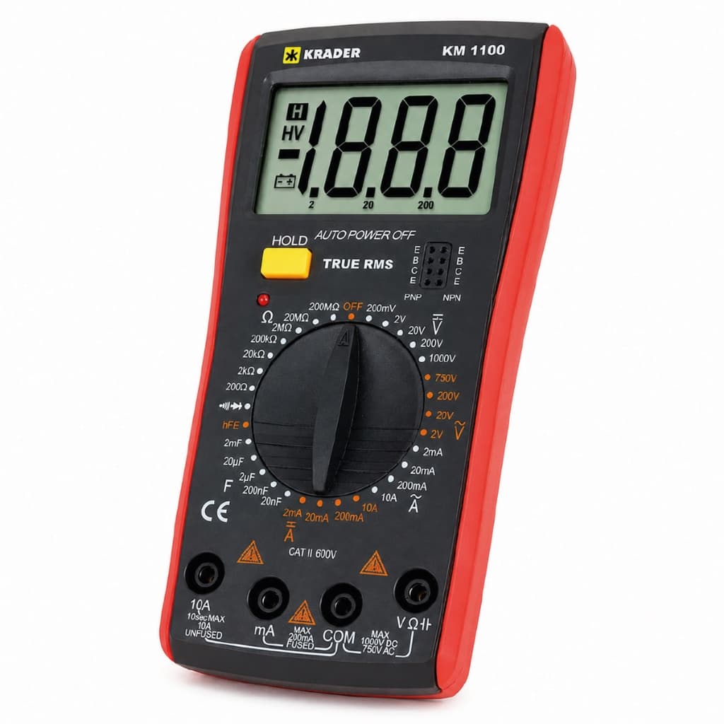 Multímetro Digital True RMS Krader KM1100 Profissional 1000V Capacímetro Teste de Transistor CAT II