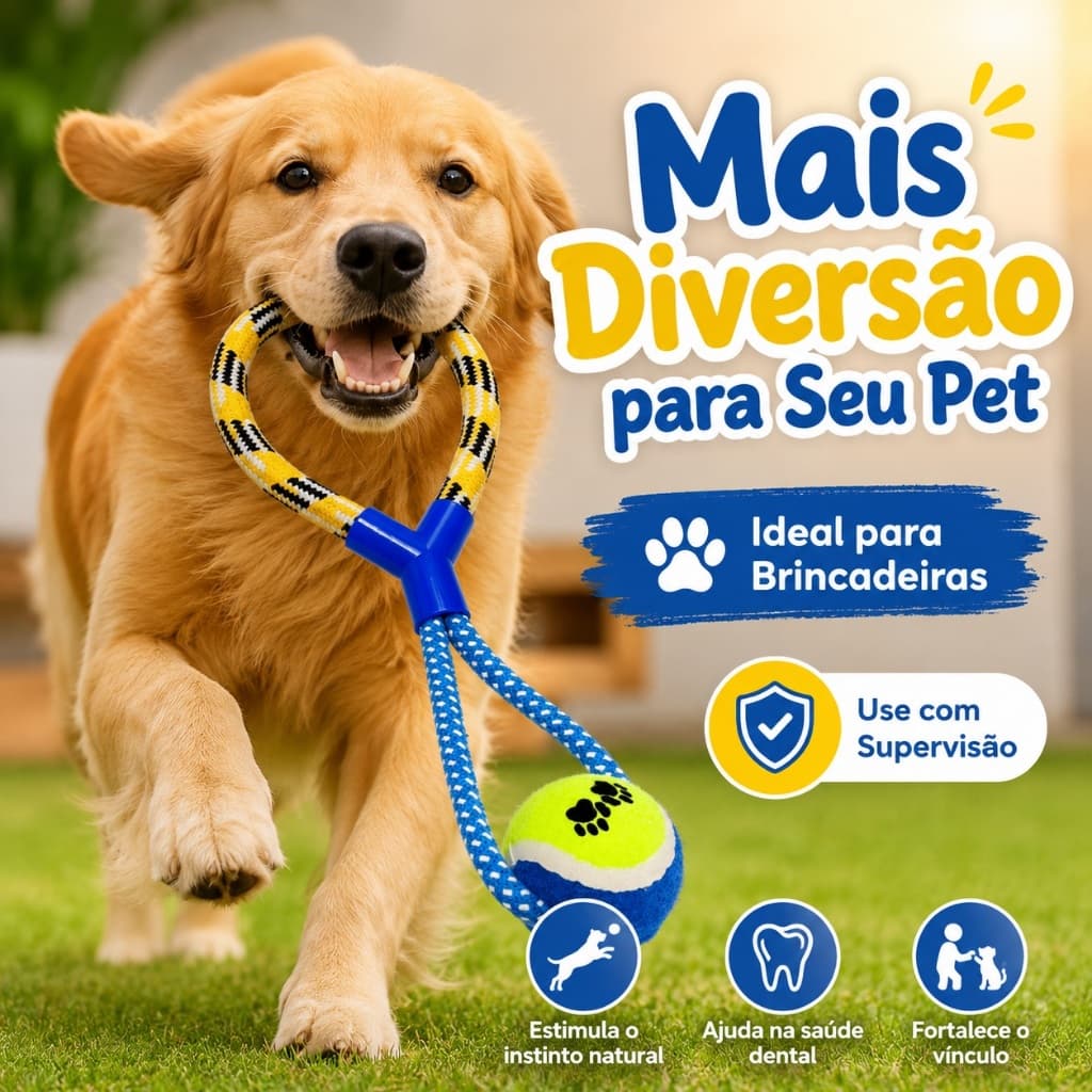 Brinquedo para Cachorro com Bola, Corda e Alça para Puxar