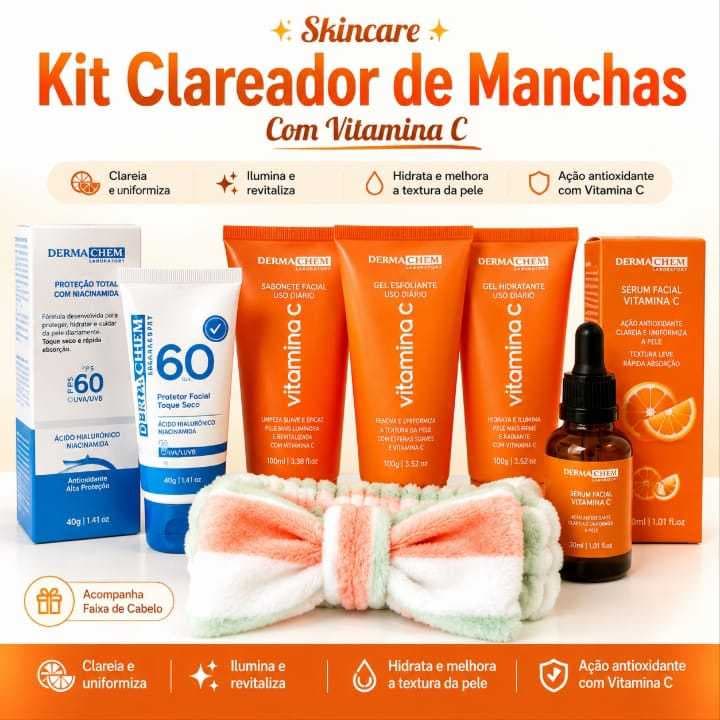 Skincare Vitamina C  Dermachem Clareador Anti Idade Sabonete Sérum Esfoliante Protetor Solar Hidratante