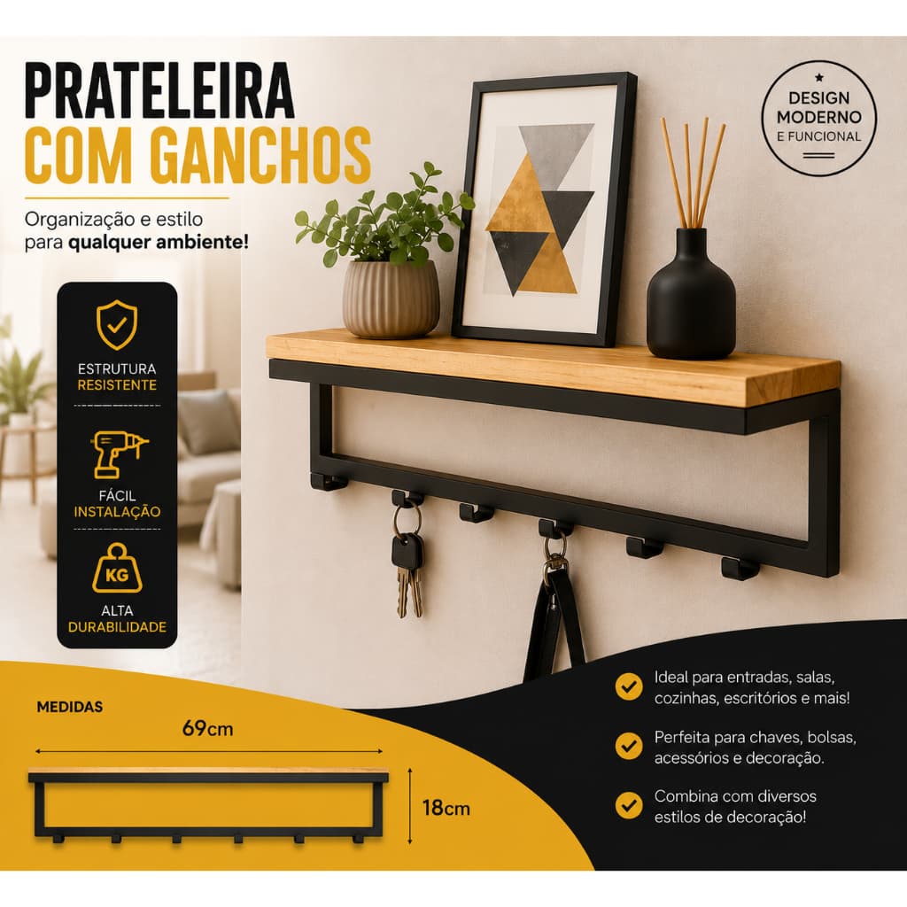 Prateleira Cabideiro de Parede 69cm 6 Ganchos Madeira Pinus Estilo Industrial Organizador Decorativo