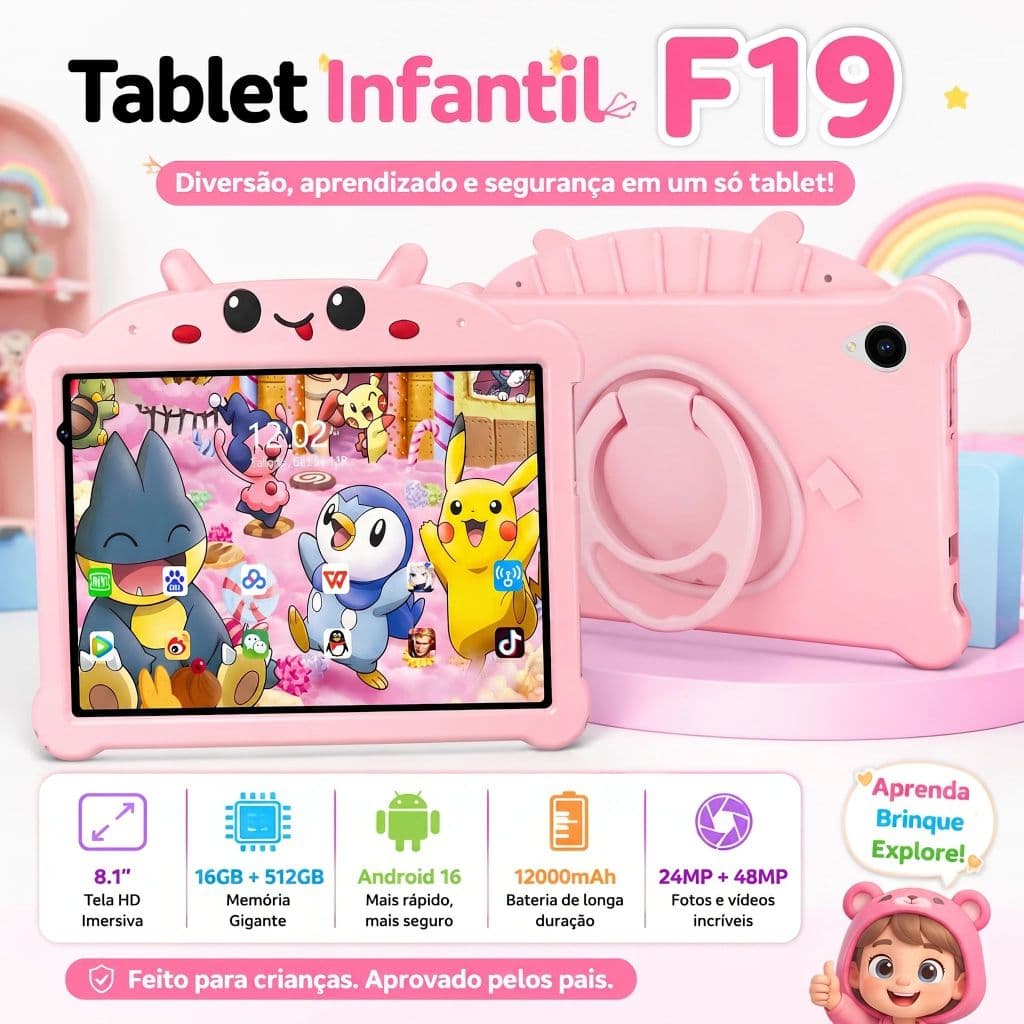 Hancdon Kids Tablet F19 ROM 16GB + 512GB 8.1 Inch Android 15 with Control System, children's toy tablet