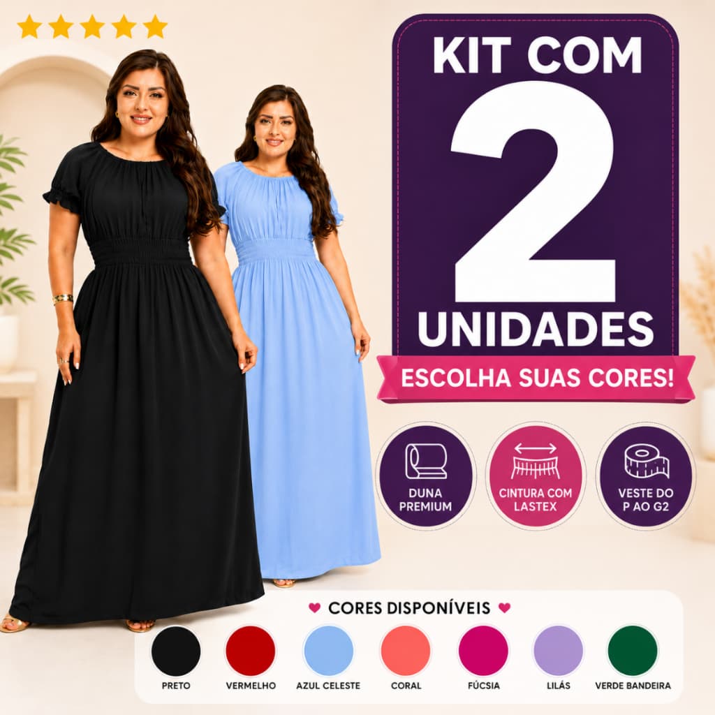 Kit 2 Vestidos Longos Femininos Evangélico Plus Size Tecido Duna Escolha as Cores Cintura Lastex P ao G2