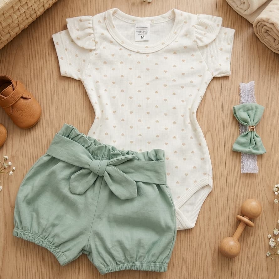 Conjunto Casual De Verão Para Bebê Roupa De Menina Body De Manga Curta Com Babados 100% Algodão E Shortinho Confortável