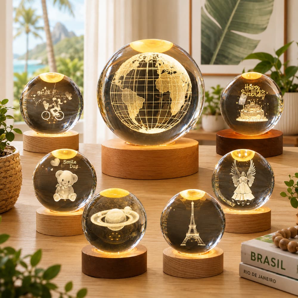 Luminária Abajur Bola Cristal de Mesa Led Globo Vidro 3d Base de Madeira Decoração Presente Tomada