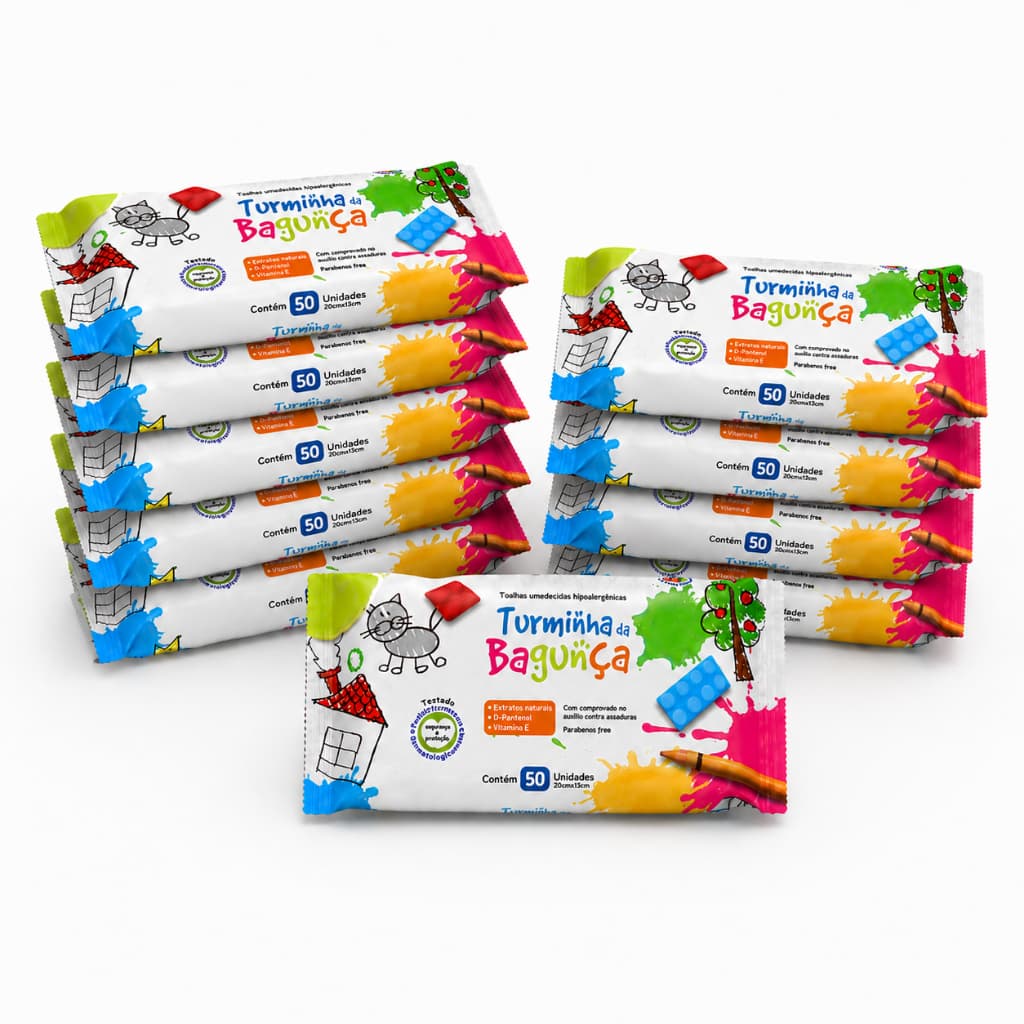 Kit 10 Lenços Umedecido Infantil 50 Folhas Cada - Hidratação Limpeza Suave Bebê - Turminha da Bagunça