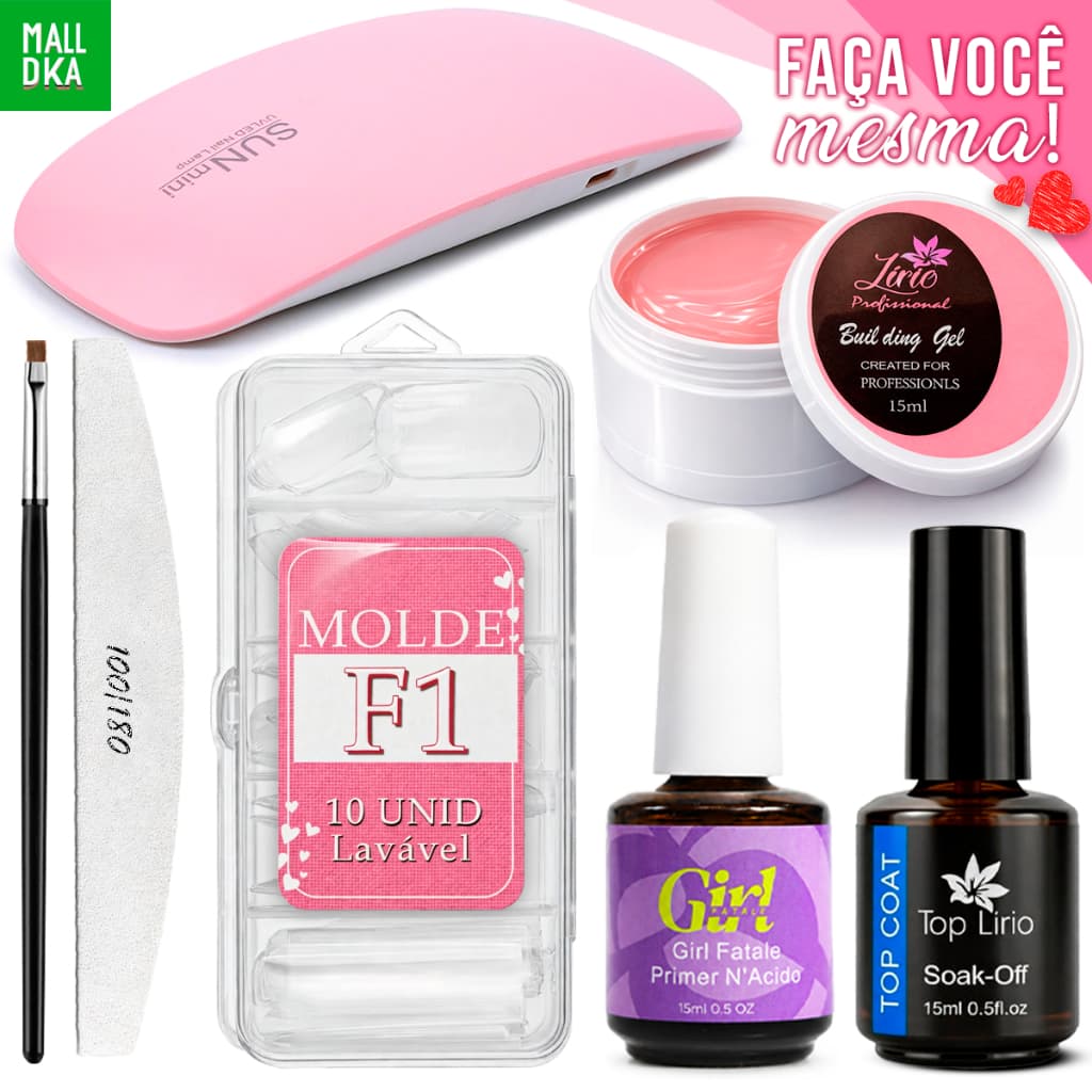 Kit Manicure Unhas de Gel Completo Construtor Unhas Profissional – Molde F1 + Lixa + Mini Cabine UV/LED