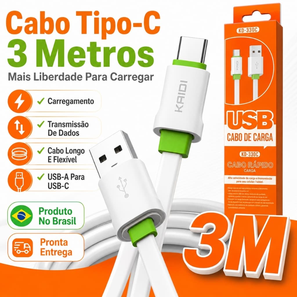 Cabo USB Para Tipo C KAIDI KD-330C 3m Carga Rápida Celular Tablet