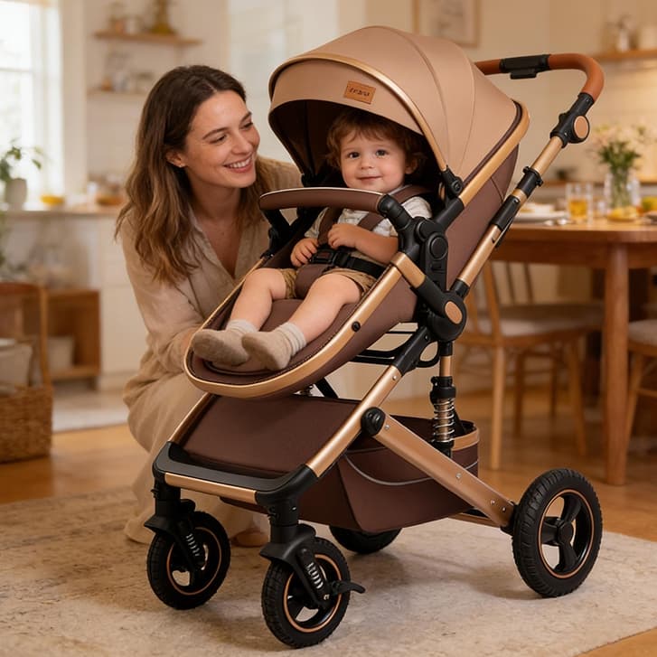 Carrinho de Bebê 3 em 1 Reversível com Alça Regulável, Berço Incluso e Moisés,Capota UV, Dobrável até 15kg P7
