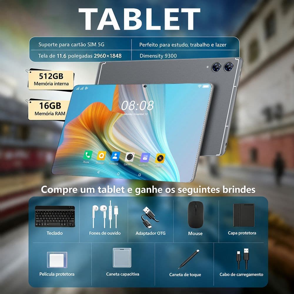 Combo com Teclado e Mouse Tablet ZEENO S13 Ultra -11,6" 16GB+512GB Android 15 8800mAh Ideal para Estudos e Jogos