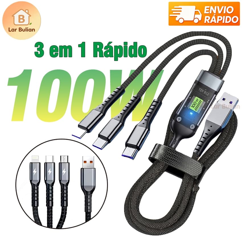 ⚡ Cabo Carregador 3 em 1 100W Ultrarrápido 1.2m | Micro USB Tipo C Lightning Compatível com Celulares 🚚 Envio Rápido