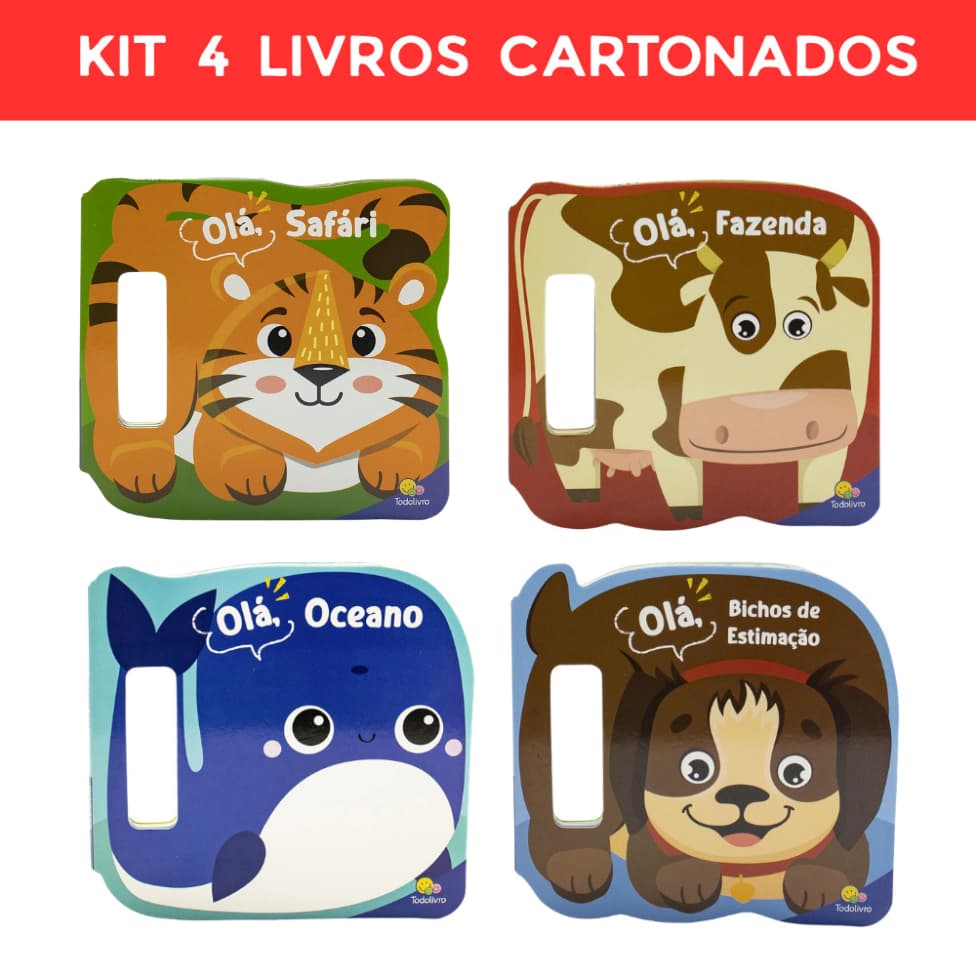 Kit 4 Livros Infantis Cartonados - Olá, Mundo Animal! - Oceano, Bichos de Estimação, Fazenda, Safári