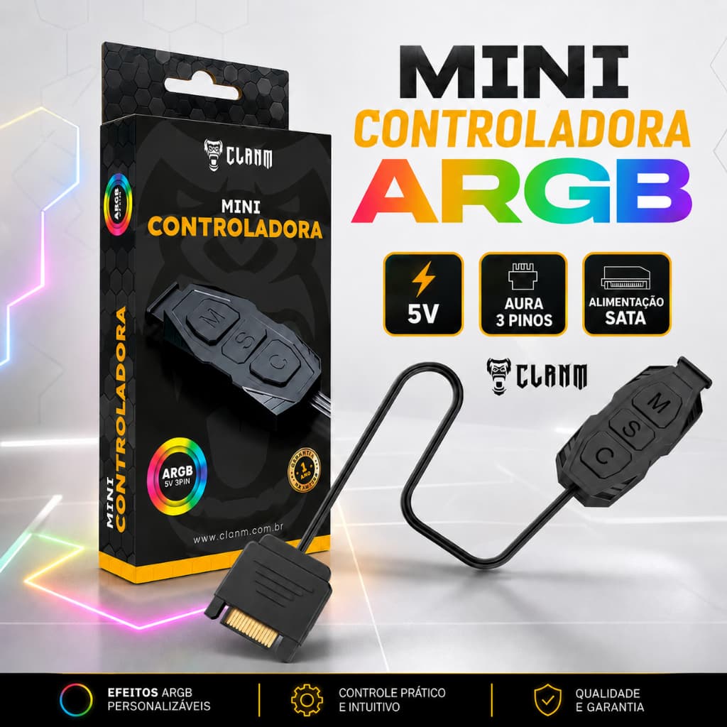 Controladora De Led Argb 5V 3 Pinos Manual Clanm Light Beam Aura Alimentação SATA Para Setup Gamer