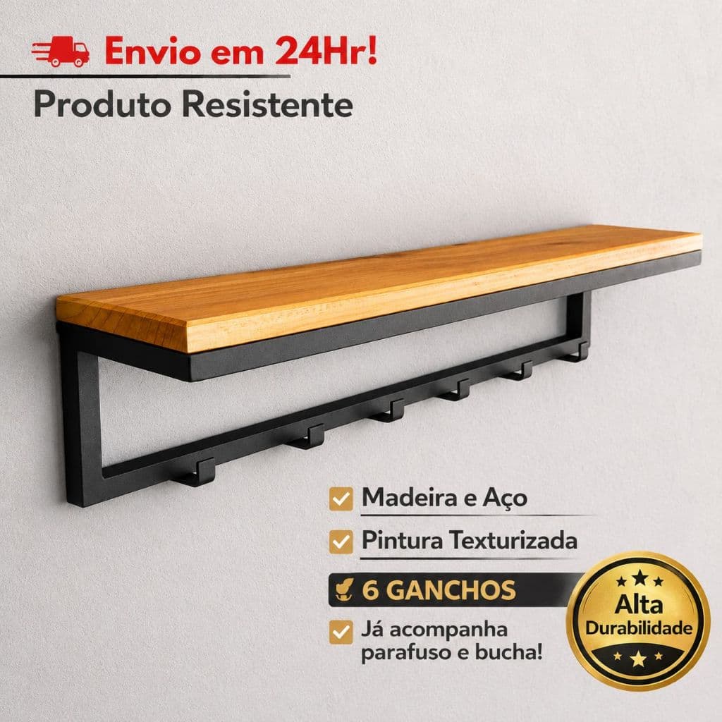 Prateleira Industrial com Cabideiro 6 Ganchos – Suporte de Parede em Aço e Madeira