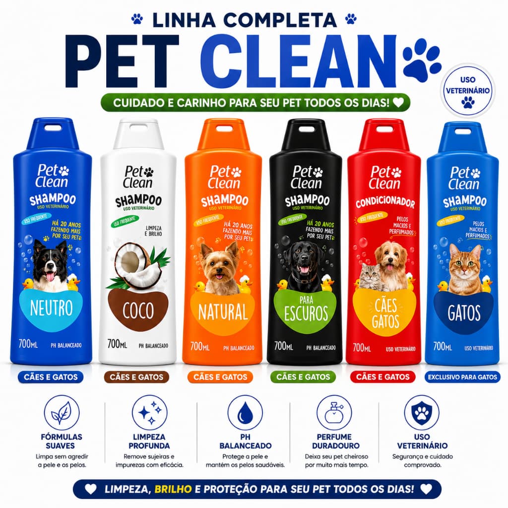 Shampoo e Condicionador Genial Pet 500ml E Pet Clean 700ml Cachorro e Gato- Uso Veterinário Neutro, Coco, Natural