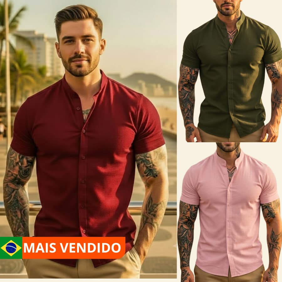 Camisa Masculina Gola Padre Manga Curta Slim Linho e Viscose Premium