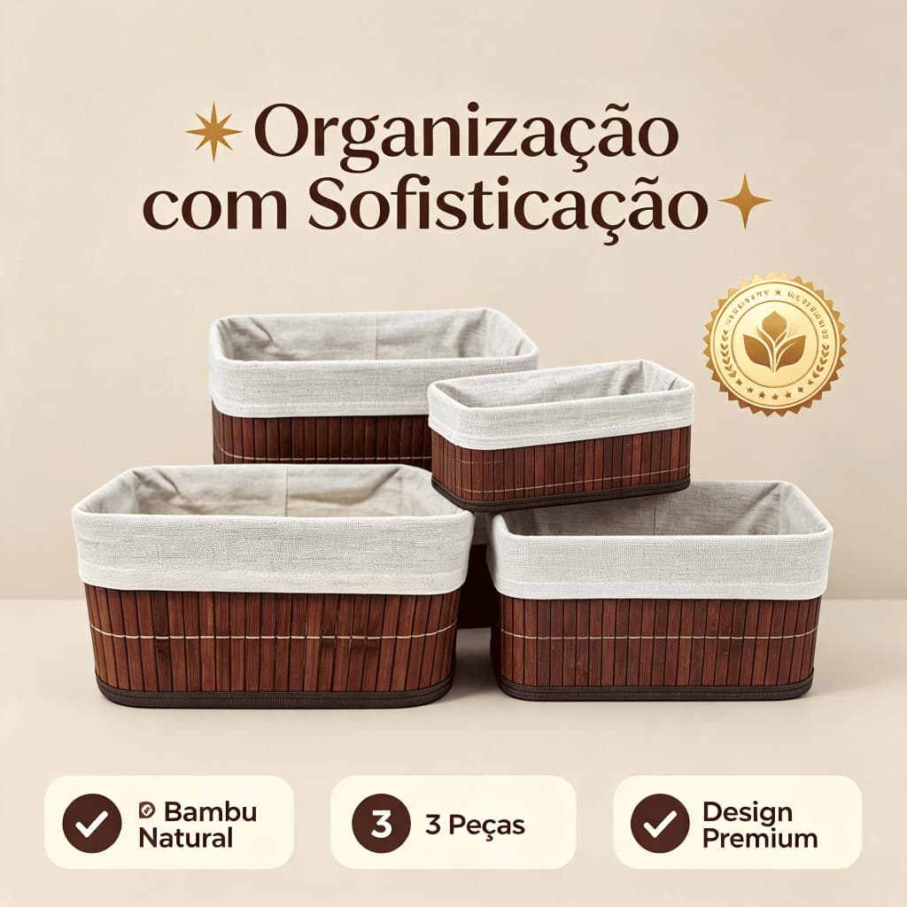 Jogo 3 Cesto Organizador Bambu escuro Forro  Multiuso Cozinha Banheiro Quarto Cesto de bambu