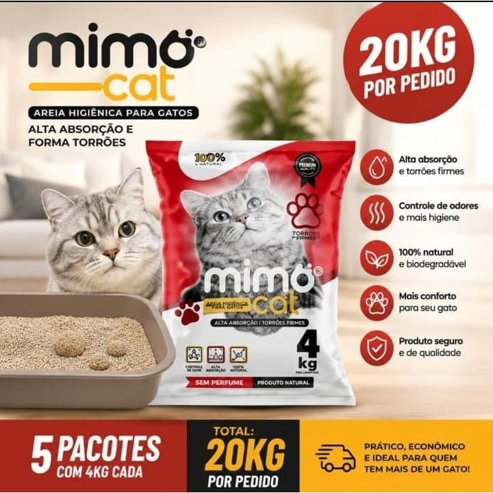 Kit 5 Areia Gato Sanitaria Higienica  Mimo Cat Anti Odor  Tradicional Biodegradavel 20 Kg Natural