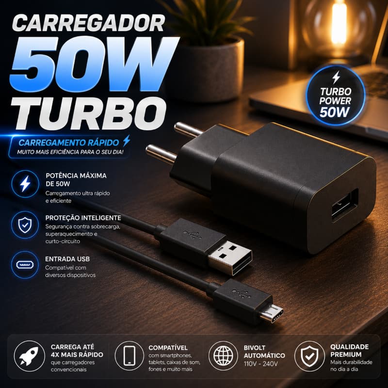 {ORIGINAL} Carregador Fonte e Cabo 50W Micro-USB V8 Cabo Reforçado Para Celular e Tablet Android