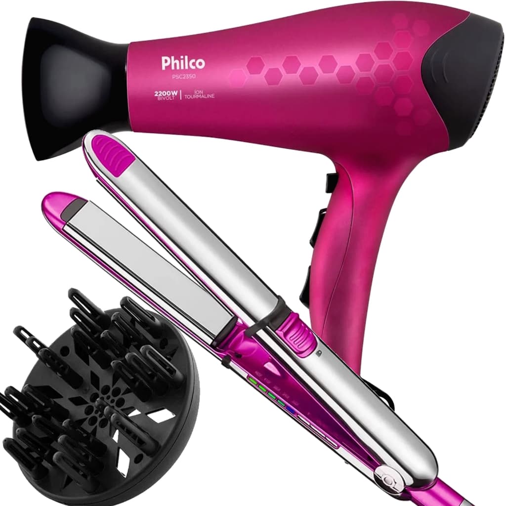 Secador De Cabelo Philco Profissional 2200w Tourmaline Íon Quente Frio Stilo Difusor Cachos Prancha Bbg Titanium 465ºf