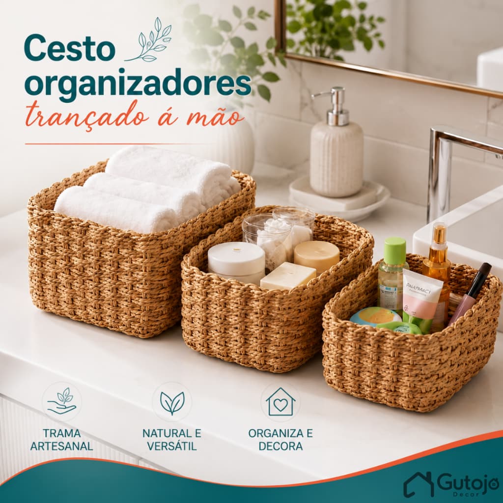 Cesto Organizador Artesanal de Palha Kit 3 Cestos Decorativos Boho para Banheiro Cozinha Casa