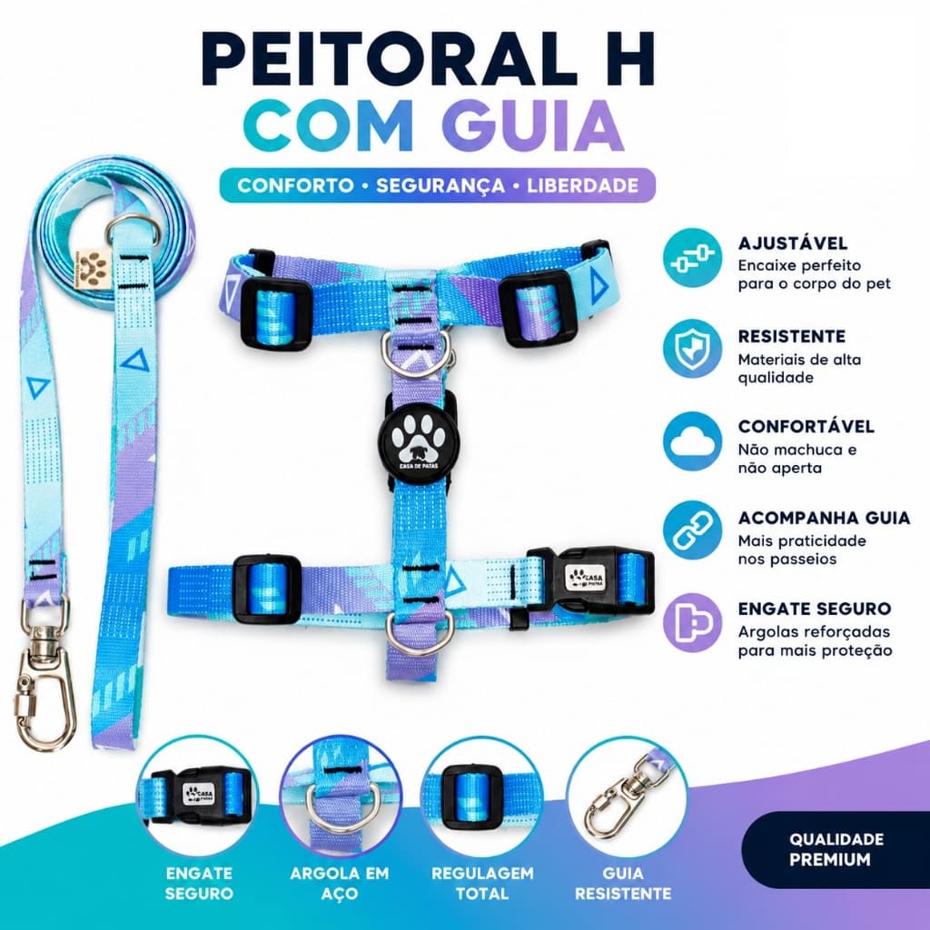 kit Coleira: Peitoral Modelo H + Guia de 2,20m Varias Estampas