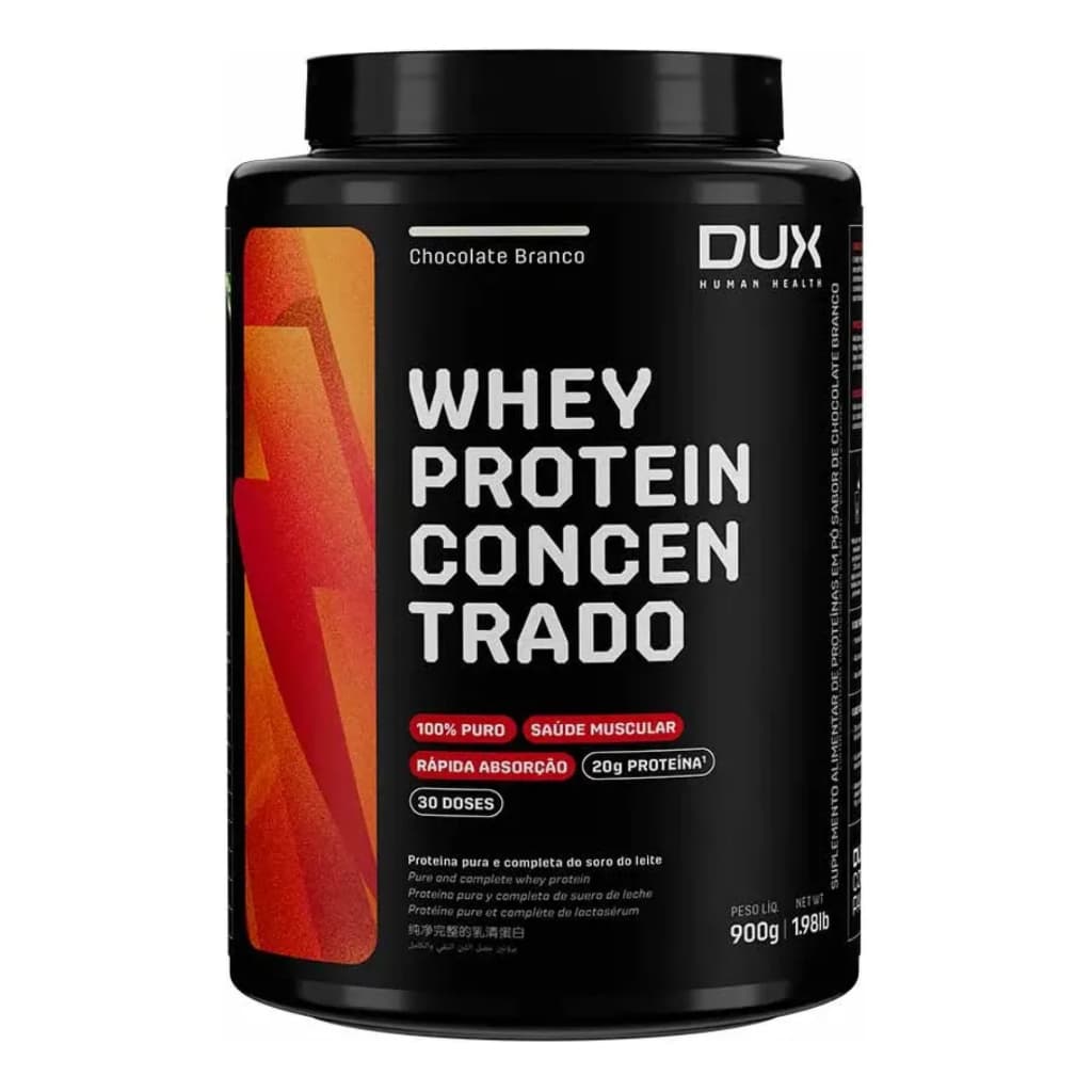Whey Protein Concentrado Dux Nutrition Pote 900g Sabor Chocolate Branco - 20g de Proteínas Por Dose - 100% Puro - Rápida