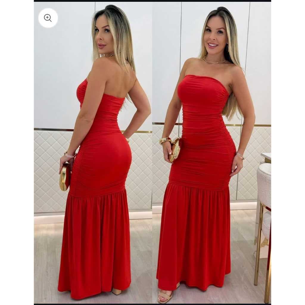 Vestido Longo Feminino Tomara que Caia Franzido em Suplex Fluity Premium com Bojo e Forro Elegante Festas