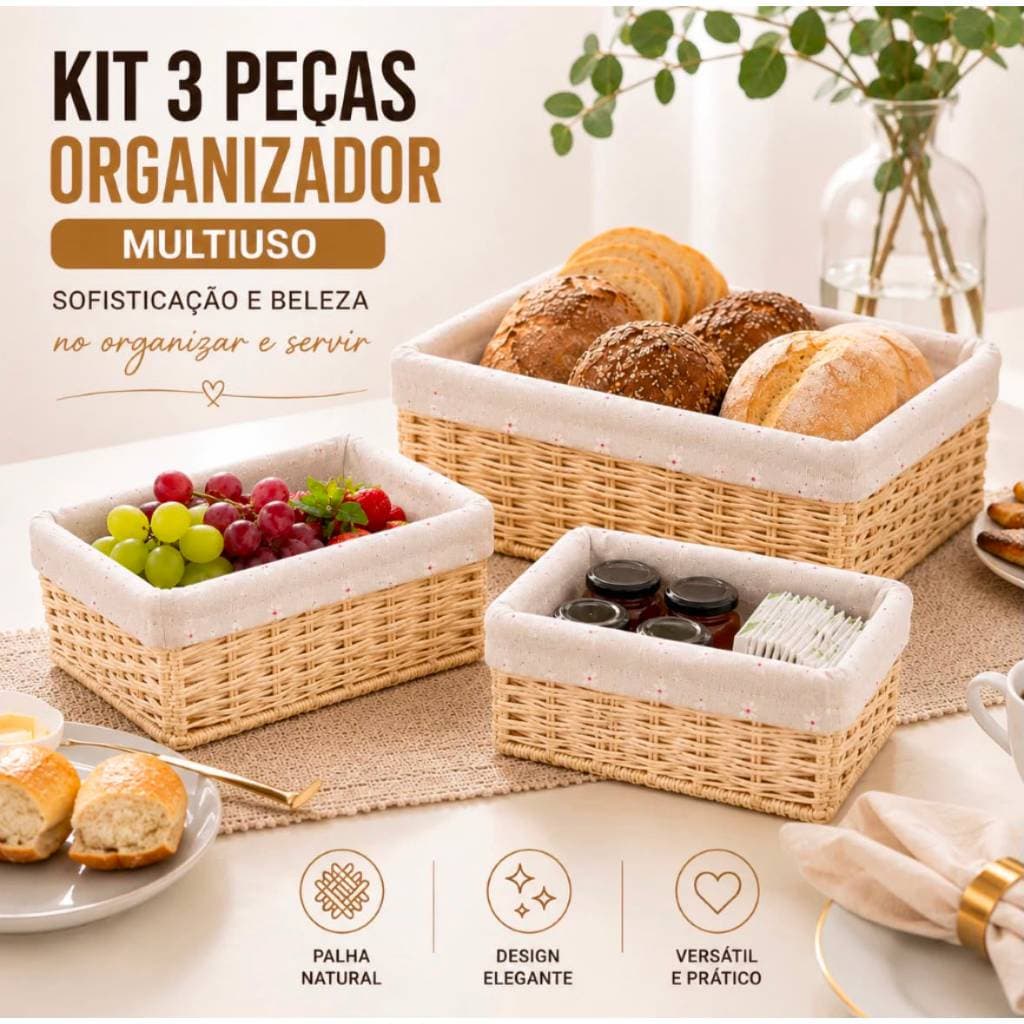 Kit 3 Cesto de Palha Pao Organizador Multiuso Banheiro Lavabo Decorativo Kit 2 Cesto Redondo Palha