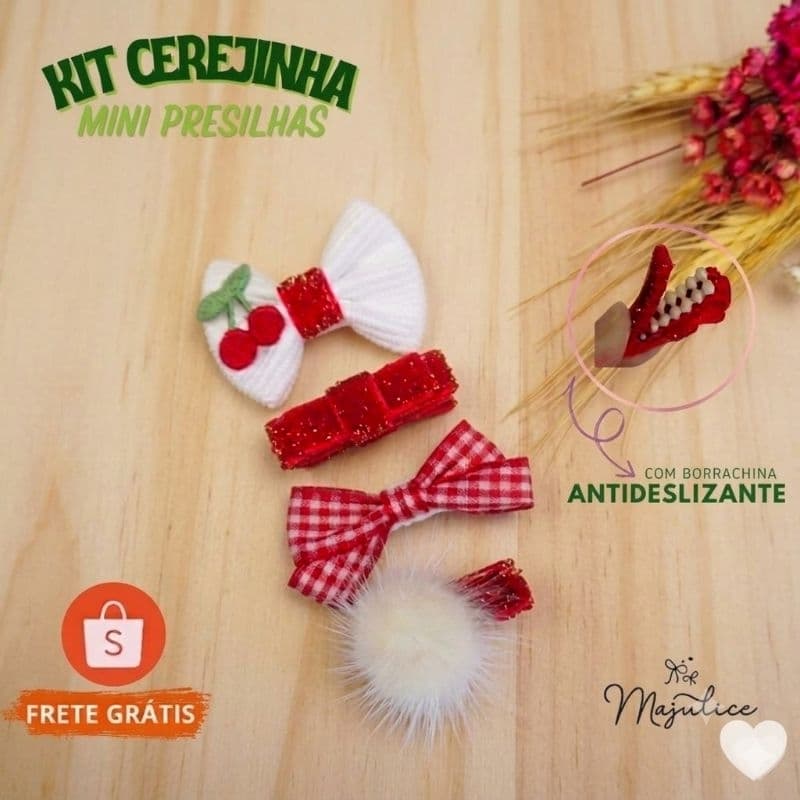 Kit Mini Lacinhos de Bebê presilha Não Escorrega Laços RN Kit Cerejinha Saída de Maternidade Enxoval