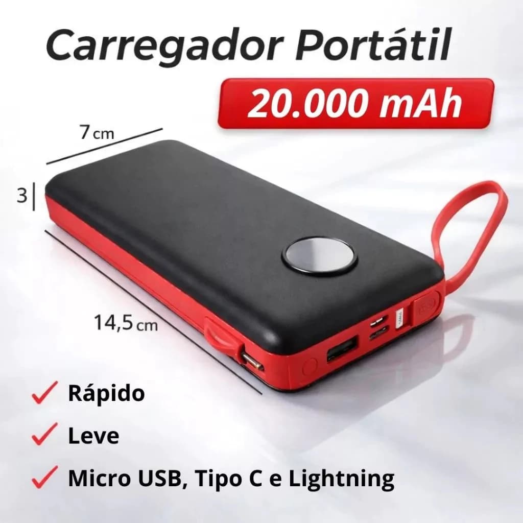 carregador portátil power bank 20000mah turbo com display led bateria universal iphone android e v8
