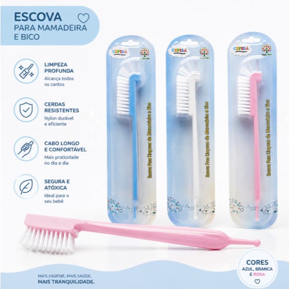 Escova Limpeza de Mamadeira e Bico Luxo Color Bebê, Infantil Rosa e Azul