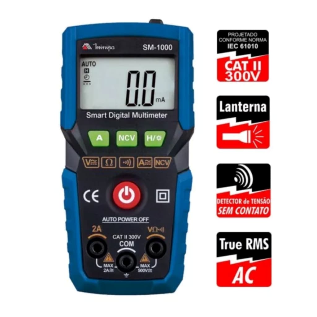 Multímetro Digital Minipa Smart SM-1000 True RMS NCV Função Smart Profissional