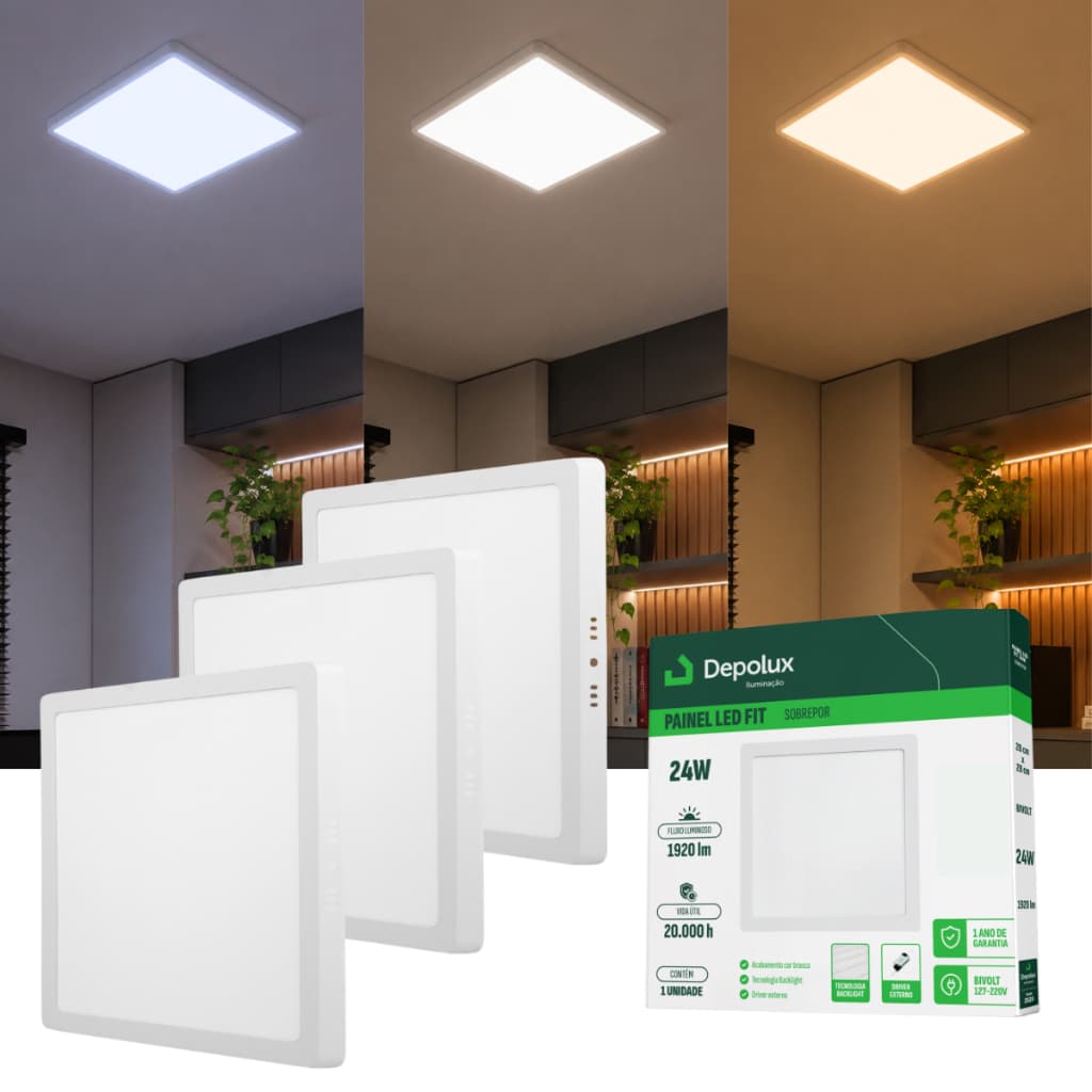 Kit 3 Painel Plafon 24W Luminária Teto LED Fit Sobrepor Quadrado Bivolt 3000K 4000K 6500K Depolux