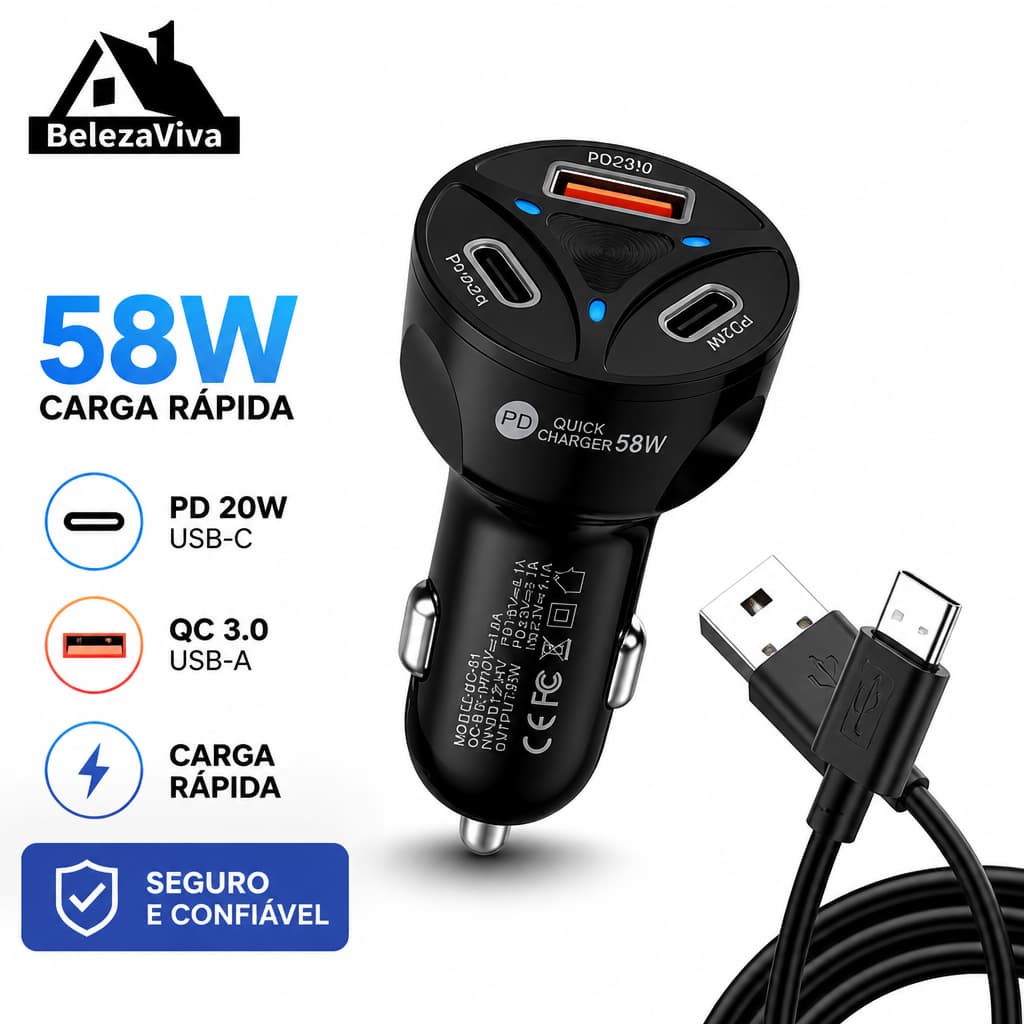 Adaptador Isqueiro Carro 3 Portas USB Carregador Veicular Rápido Para Celular