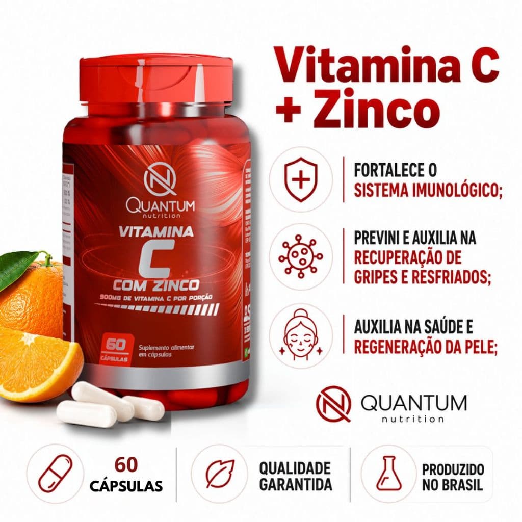 Vitamina C e Zinco 60 a 180 Caps Auxilia na melhora da Imunidade e Saúde Suplemento Quantum Nutrition