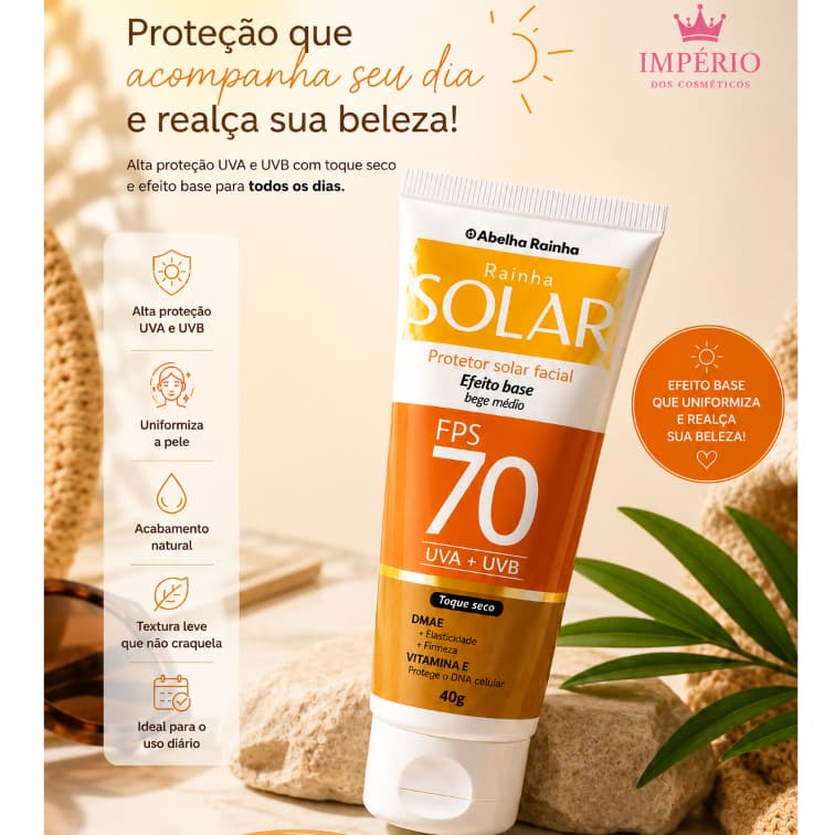 Protetor Solar Facial Cor De Base Bege Médio FPS 70 Rainha Solar Abelha Rainha