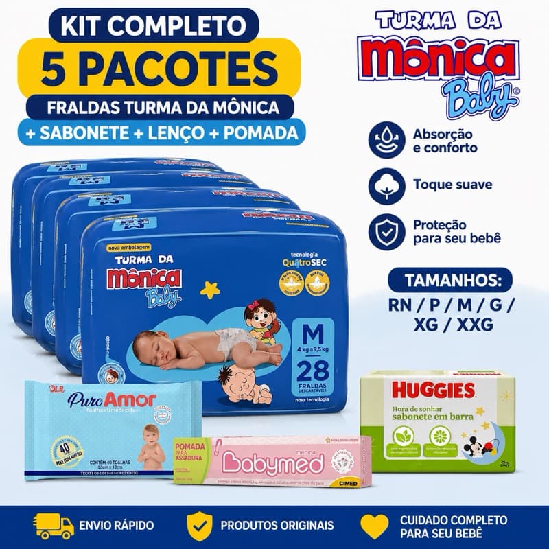 Kit Chá de Fraldas 5 Pacotes de Fraldas Turma da Mônica + 2 Sabonete + 2  Lenço Umedecido + 1 Pomada