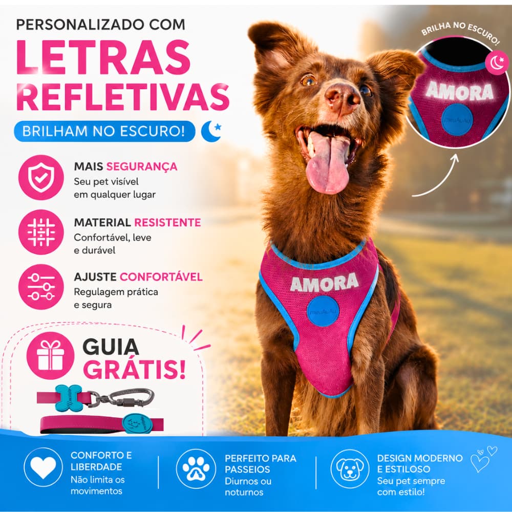 Peitoral Mesh + GUIA  + NOME PERSONALIZADO - 3 Em UM - Todos Tamanhos - Todas As Raças