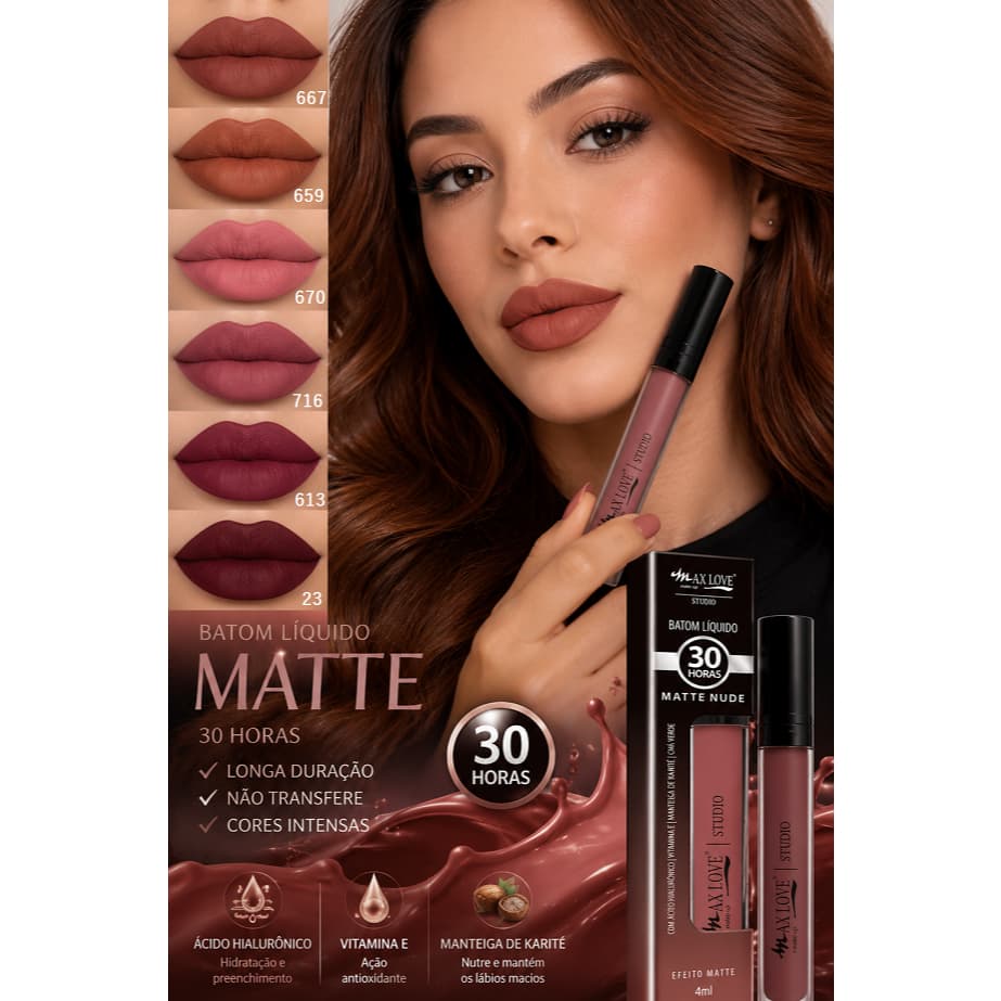 Kit 6 Batons Líquidos Matte Max Love Longa Duração Alta Pigmentação Secagem Rápida