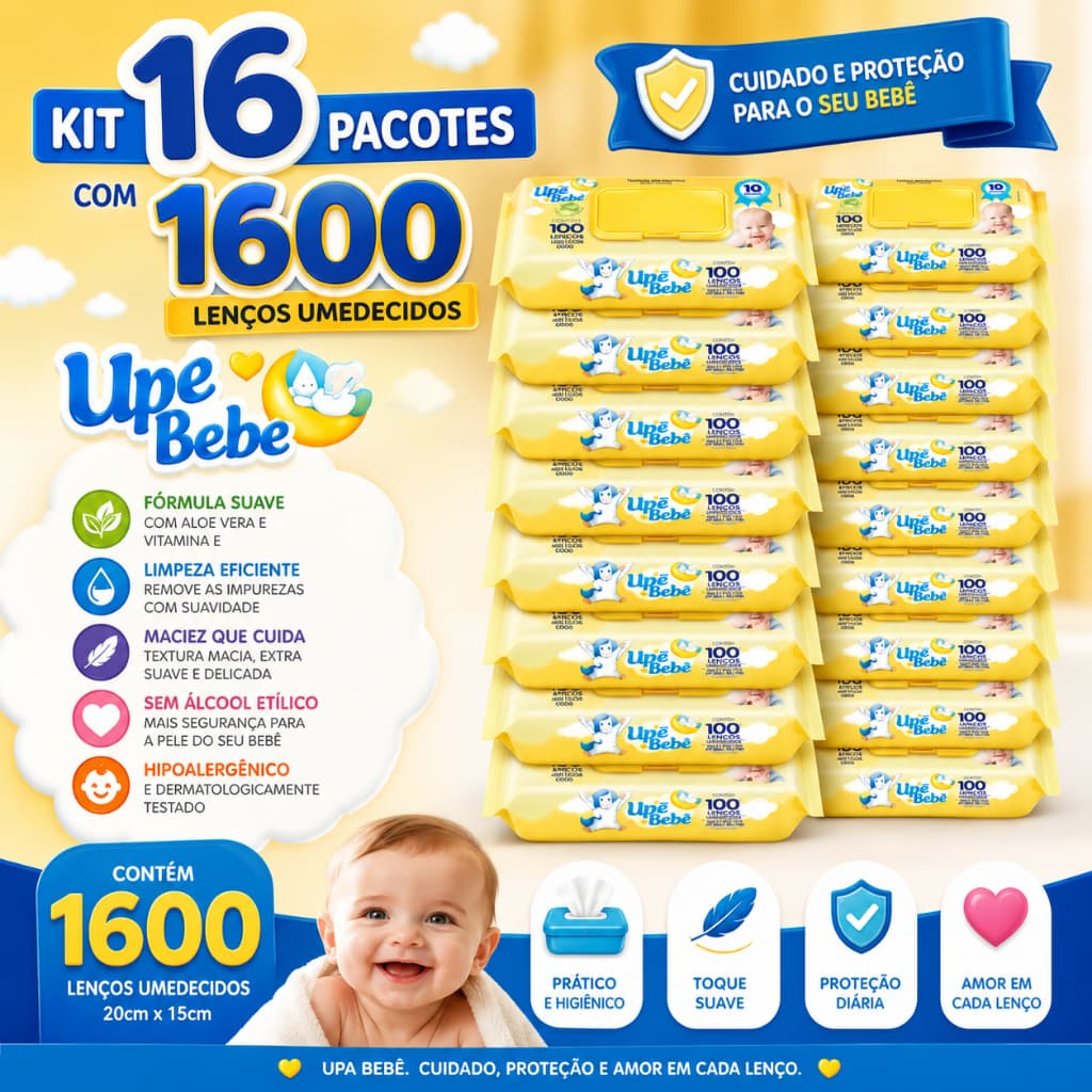 Kit Lenço Umedecido Upa Bebê Aloe Vera | Kits com 400, 600, 800 ou 1.600 Lenços