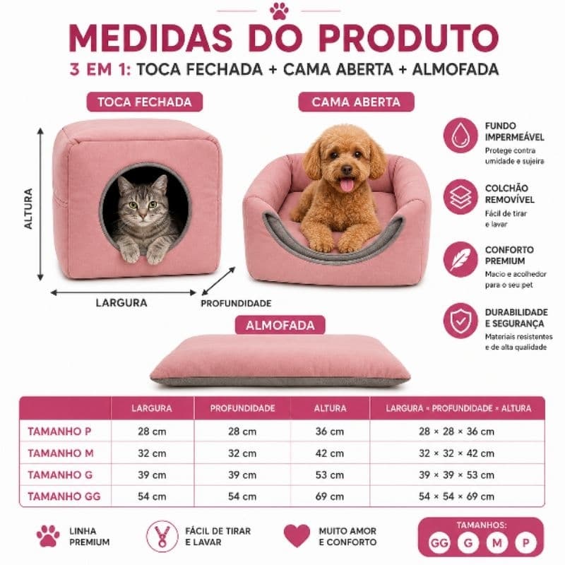casinha cama toca lglu 3 em 1 para cães e gatos tamanho P,M,G,GG fundo impermeável colchão removível linha Premium