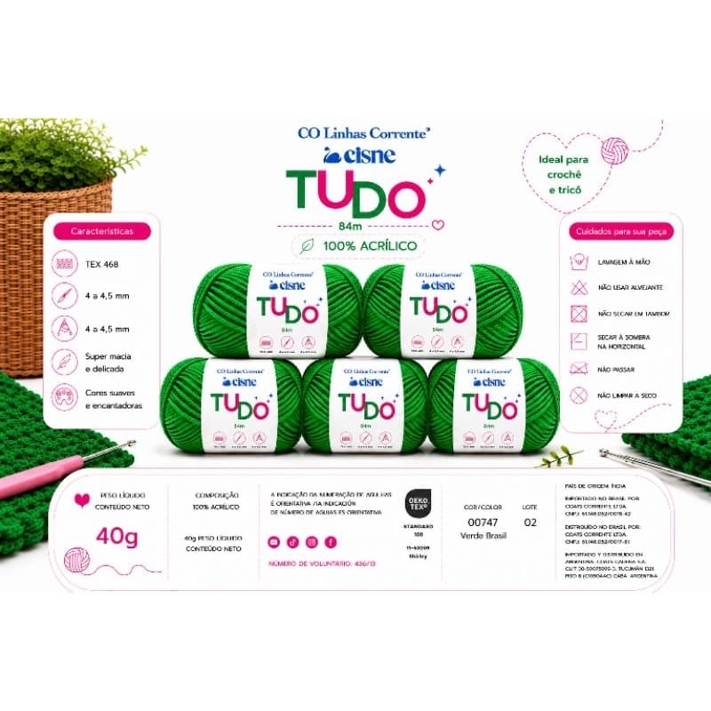Kit 5 Lãs Cisne Tudo 84m Original cor 00747 | Ideal para Crochê, Tricô e Amigurumi | Envio Rápido